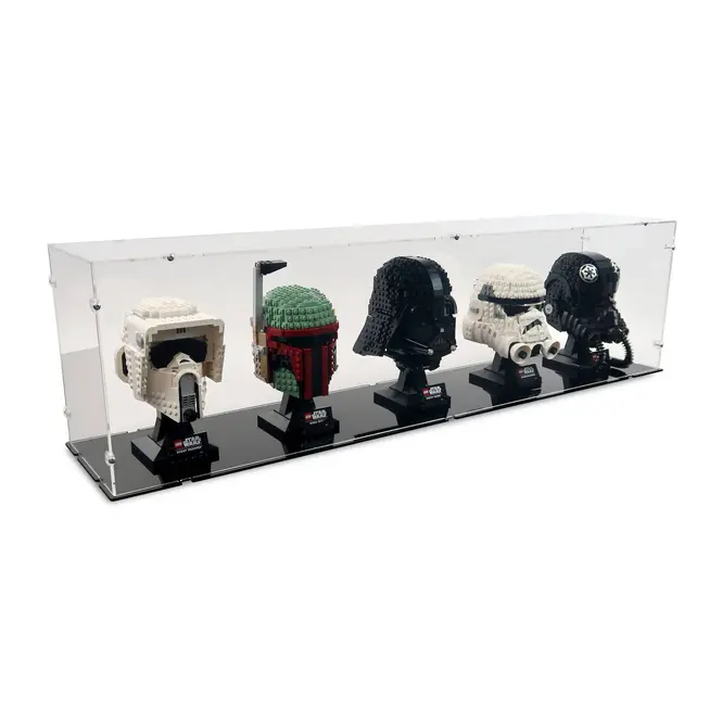 5 LEGO Star Wars Helmets in a display