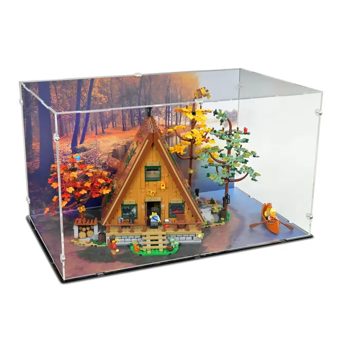 A-Frame Cabin LEGO display case with background
