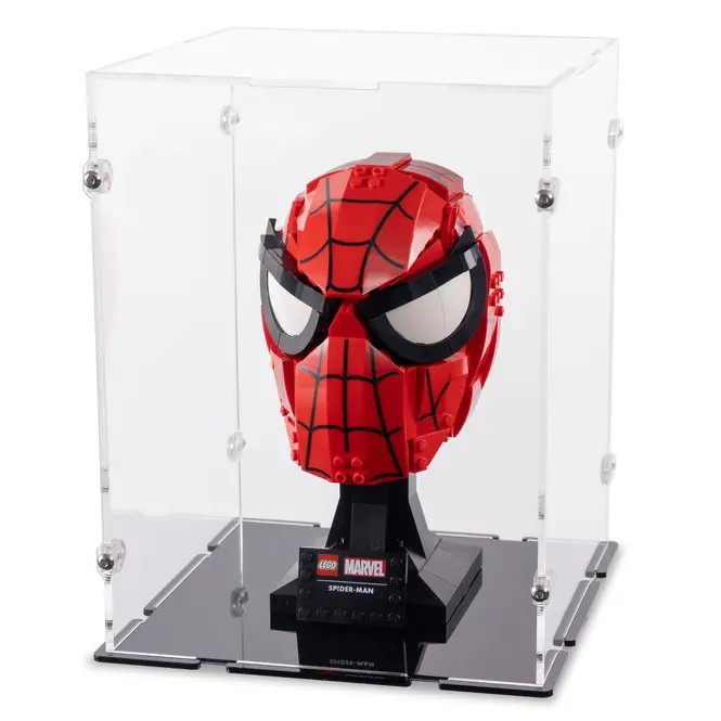spidermans mask lego set in display case